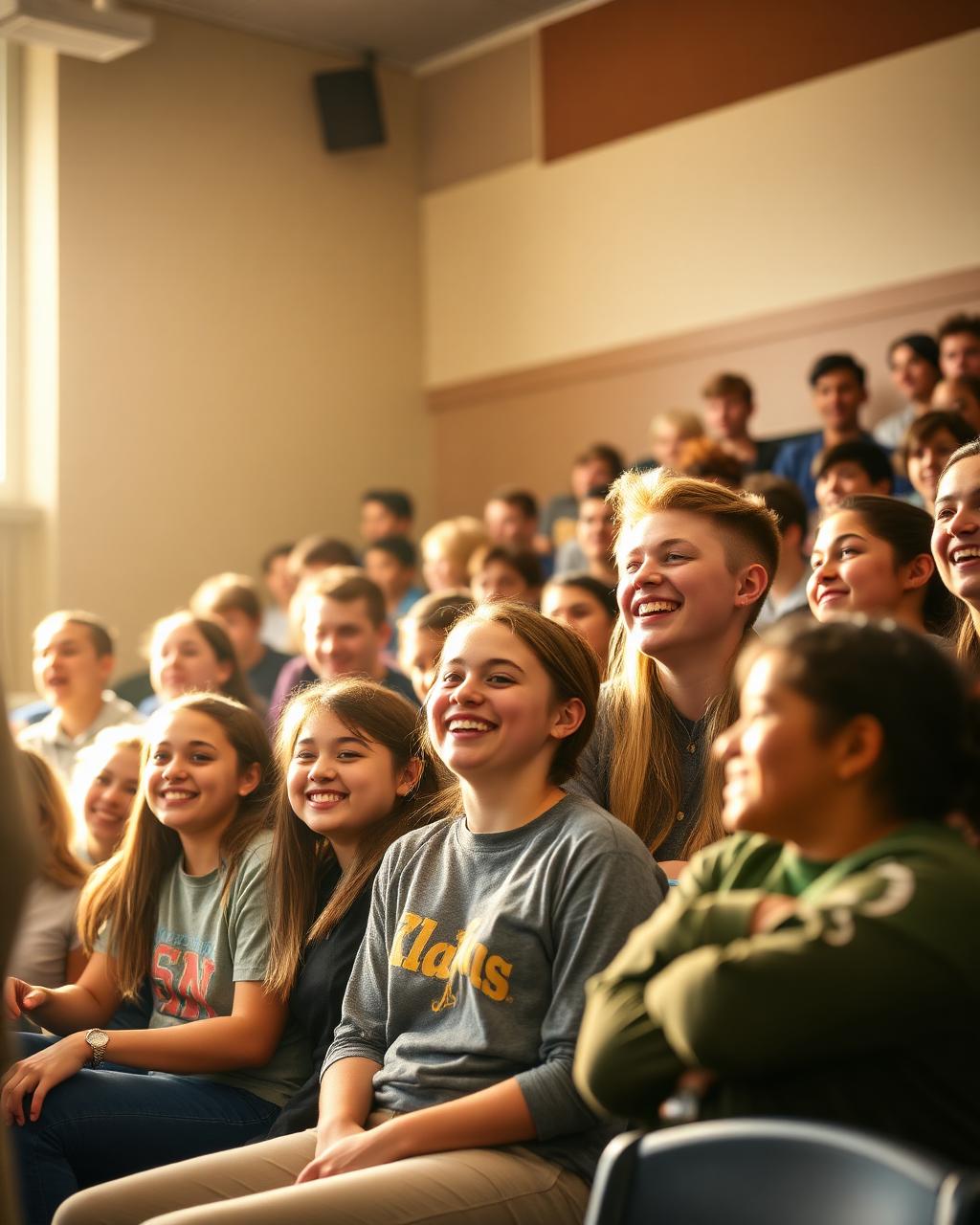 Students gathered with their director at an in-person campaign kickoff in a school auditorium
