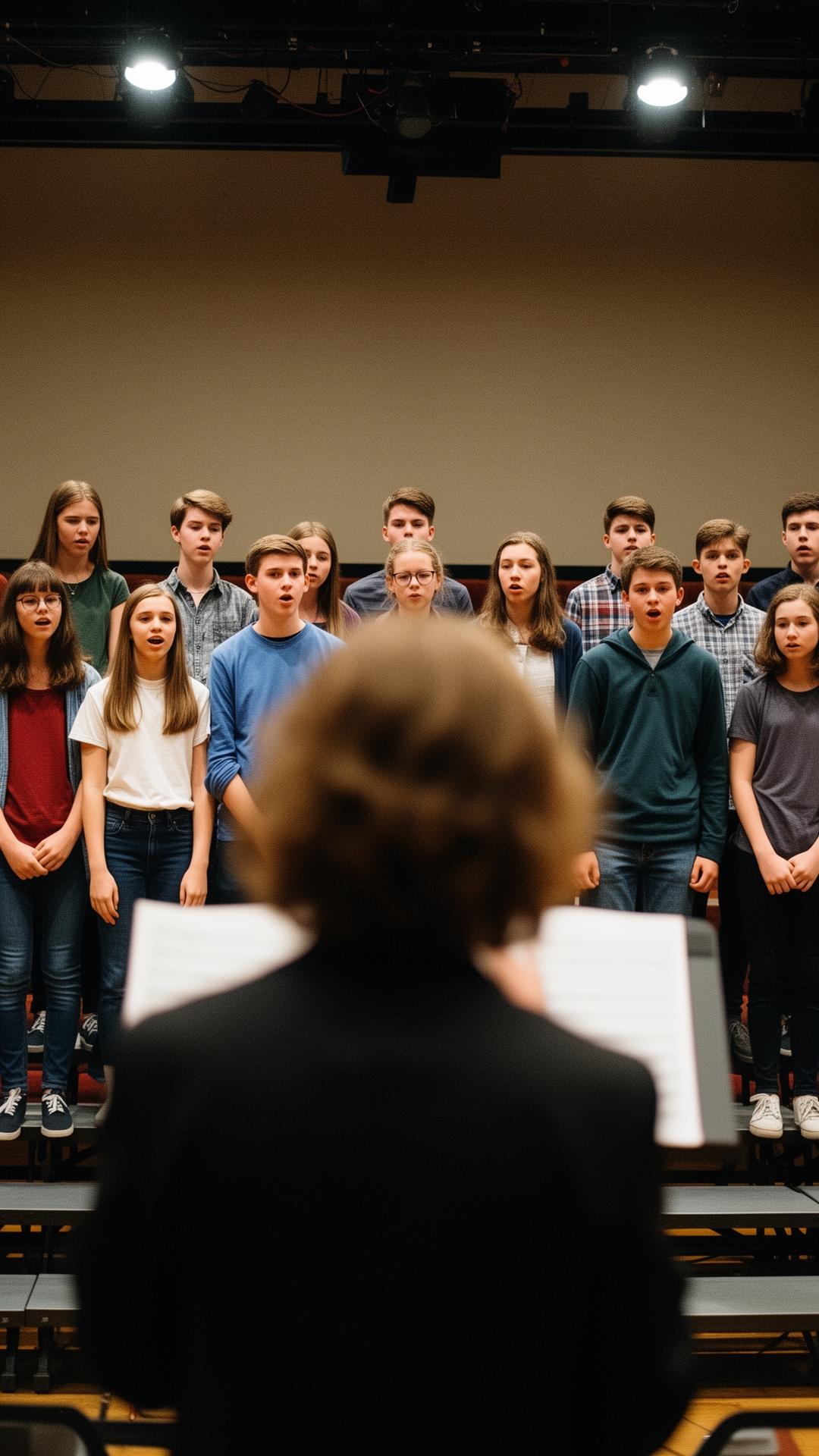 Choir director standing in a school choir room with risers and music stands behind