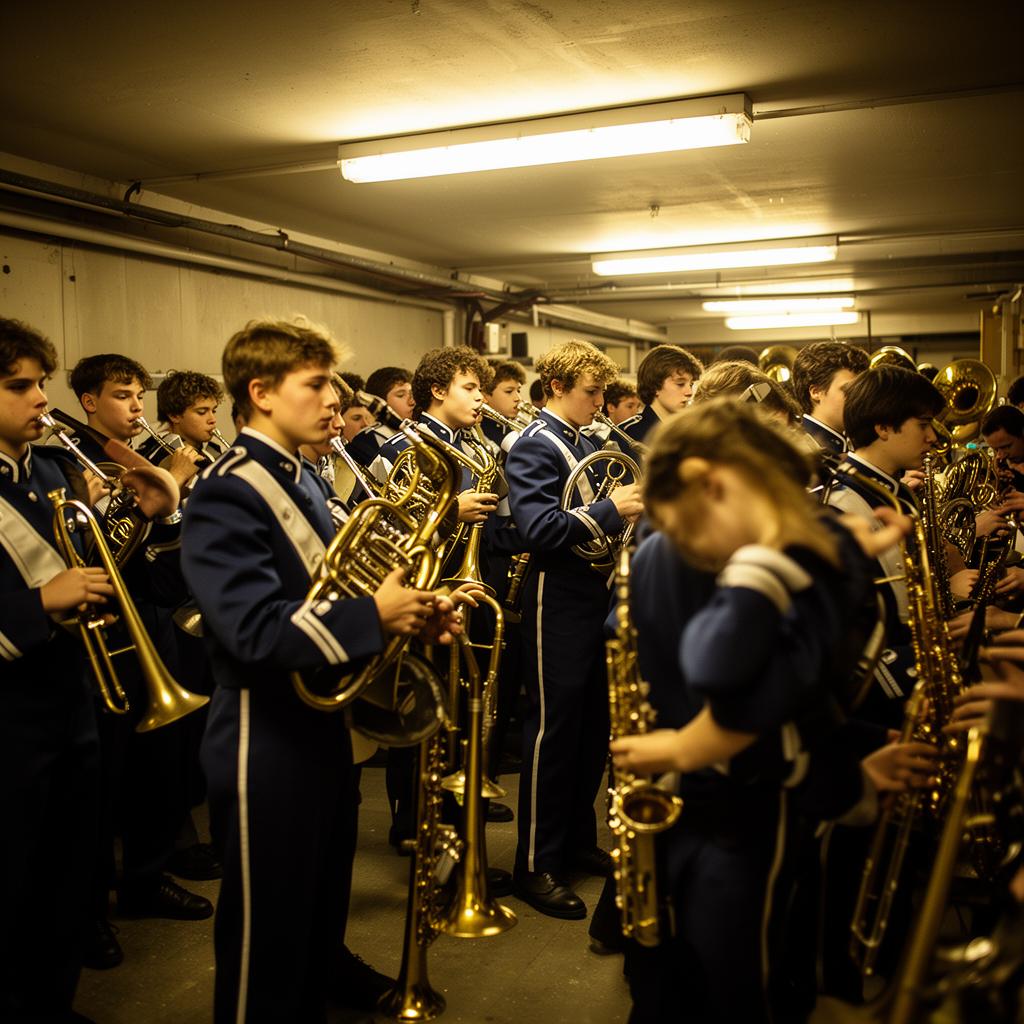 Marching band students laughing together before a performance