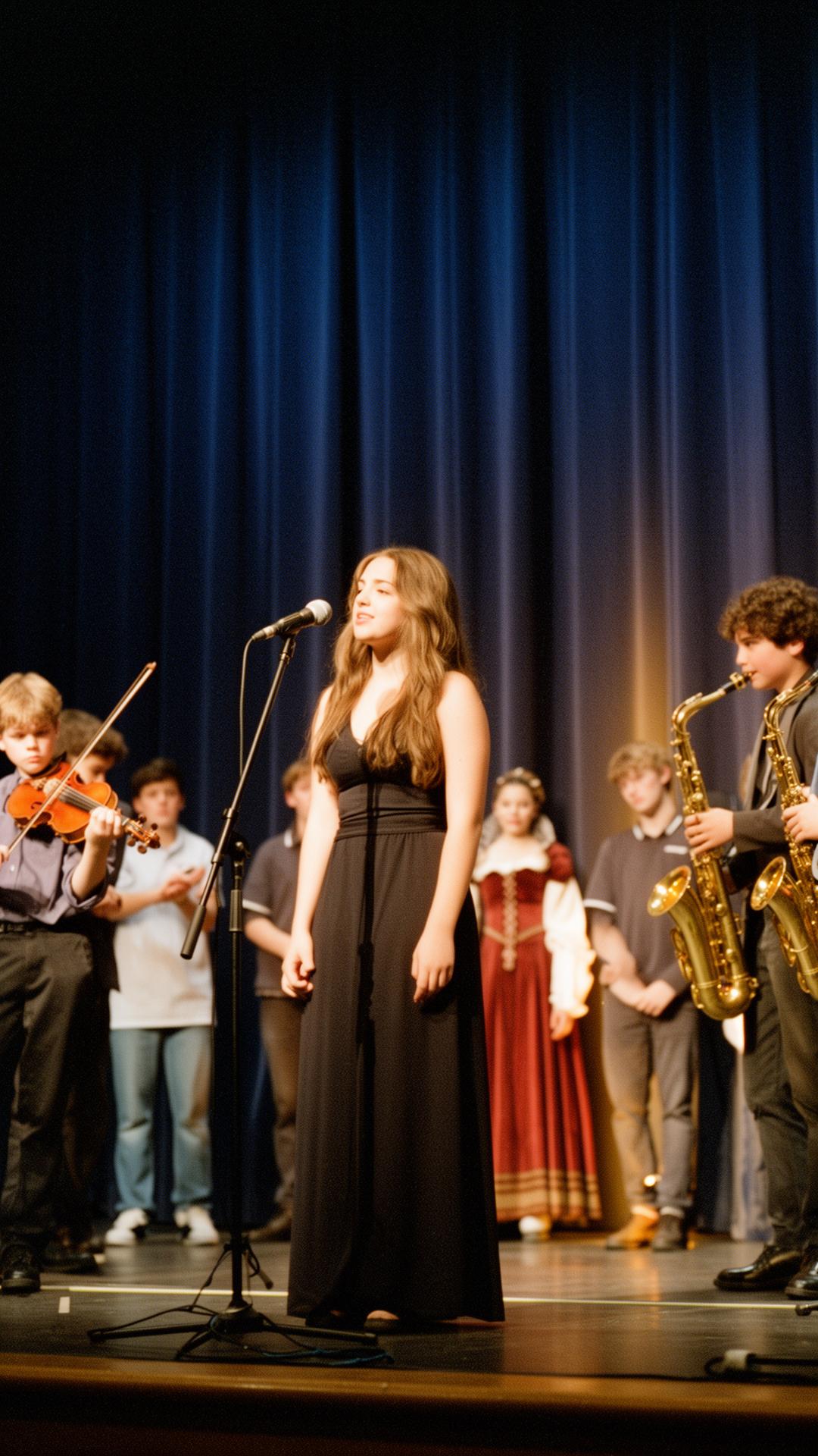 High school fine arts students performing on stage, singer at the mic with violinists, a saxophonist, and a theatre student in costume